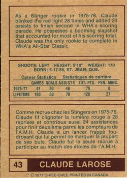 1977-78 O-Pee-Chee WHA #43 Claude Larose Back