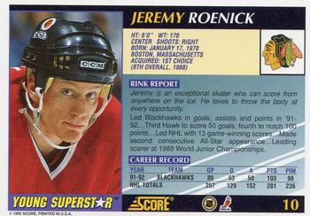 1992-93 Score Young Superstars #10 Jeremy Roenick Back