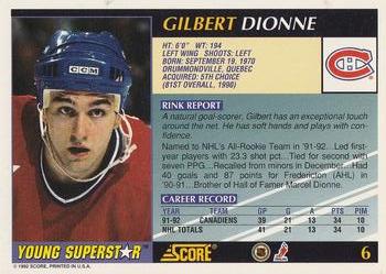 1992-93 Score Young Superstars #6 Gilbert Dionne Back