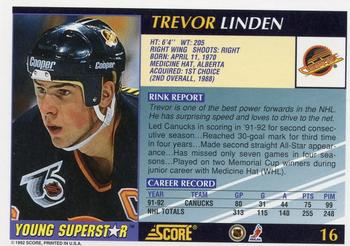 1992-93 Score Young Superstars #16 Trevor Linden Back