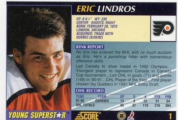 1992-93 Score Young Superstars #1 Eric Lindros Back