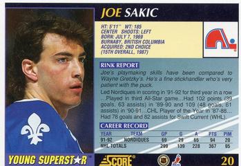 1992-93 Score Young Superstars #20 Joe Sakic Back