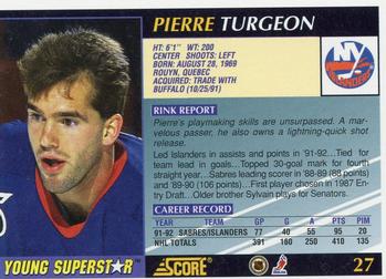 1992-93 Score Young Superstars #27 Pierre Turgeon Back
