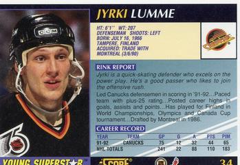 1992-93 Score Young Superstars #34 Jyrki Lumme Back