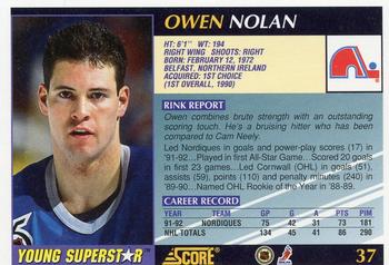 1992-93 Score Young Superstars #37 Owen Nolan Back