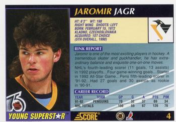 1992-93 Score Young Superstars #4 Jaromir Jagr Back