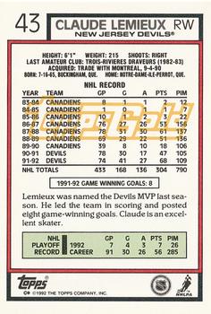 1992-93 Topps - Gold #43 Claude Lemieux Back