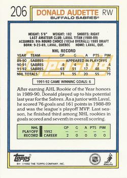 1992-93 Topps - Gold #206 Donald Audette Back