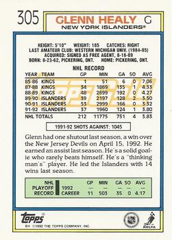 1992-93 Topps - Gold #305 Glenn Healy Back
