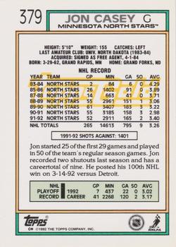 1992-93 Topps - Gold #379 Jon Casey Back