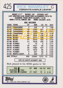 1992-93 Topps - Gold #425 Rick Wamsley Back