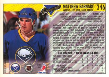 1993-94 O-Pee-Chee Premier - Gold #346 Matthew Barnaby Back