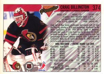 1993-94 O-Pee-Chee Premier - Gold #374 Craig Billington Back