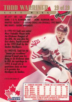 1993-94 O-Pee-Chee Premier - Team Canada #19 Todd Warriner Back