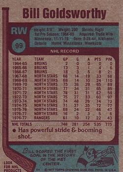 1977-78 Topps #99 Bill Goldsworthy Back