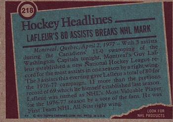 1977-78 Topps #218 Guy Lafleur Back