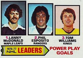 1977-78 Topps #5 1976-77 NHL Leaders Power Play Goals (Lanny McDonald / Phil Esposito / Tom Williams) Front