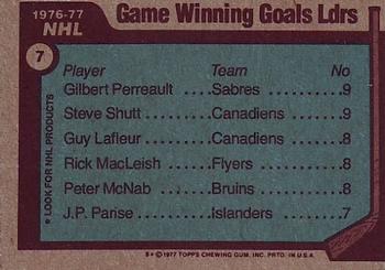 1977-78 Topps #7 1976-77 NHL Leaders Game Winning Goals (Gilbert Perreault / Steve Shutt / Guy LaFleur / Rick MacLeish / Peter McNab) Back
