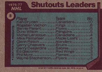 1977-78 Topps #8 1976-77 NHL Leaders Shutouts (Ken Dryden / Rogie Vachon / Bernie Parent / Dunc Wilson) Back