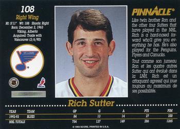 1993-94 Pinnacle Canadian #108 Rich Sutter Back