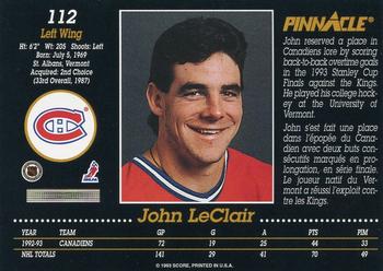 1993-94 Pinnacle Canadian #112 John LeClair Back