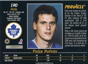 1993-94 Pinnacle Canadian #190 Felix Potvin Back