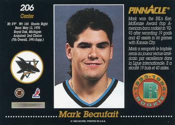 1993-94 Pinnacle Canadian #206 Mark Beaufait Back