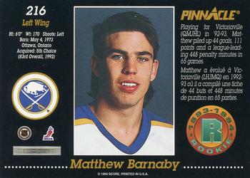 1993-94 Pinnacle Canadian #216 Matthew Barnaby Back