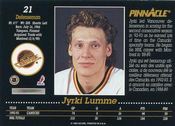 1993-94 Pinnacle Canadian #21 Jyrki Lumme Back