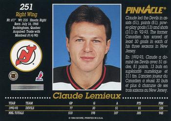 1993-94 Pinnacle Canadian #251 Claude Lemieux Back