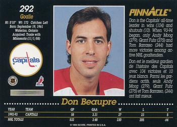 1993-94 Pinnacle Canadian #292 Don Beaupre Back