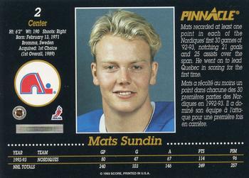 1993-94 Pinnacle Canadian #2 Mats Sundin Back