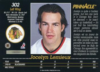 1993-94 Pinnacle Canadian #302 Jocelyn Lemieux Back