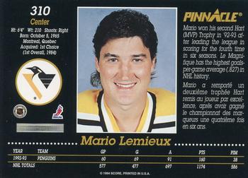 1993-94 Pinnacle Canadian #310 Mario Lemieux Back