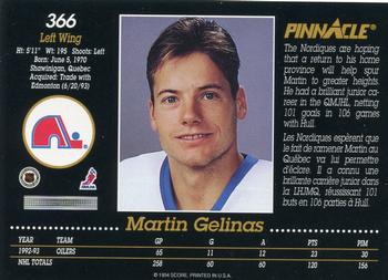 1993-94 Pinnacle Canadian #366 Martin Gelinas Back