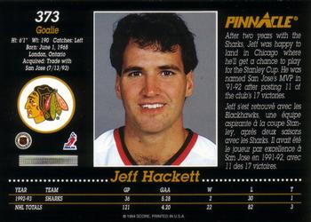 1993-94 Pinnacle Canadian #373 Jeff Hackett Back