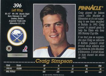 1993-94 Pinnacle Canadian #396 Craig Simpson Back