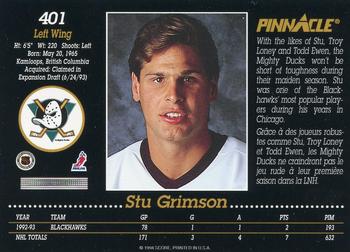 1993-94 Pinnacle Canadian #401 Stu Grimson Back
