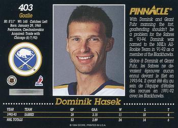1993-94 Pinnacle Canadian #403 Dominik Hasek Back