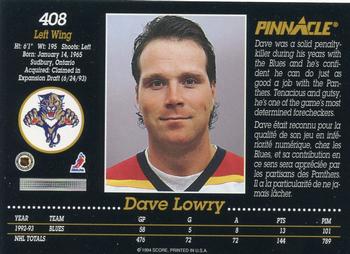 1993-94 Pinnacle Canadian #408 Dave Lowry Back