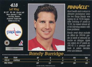 1993-94 Pinnacle Canadian #418 Randy Burridge Back