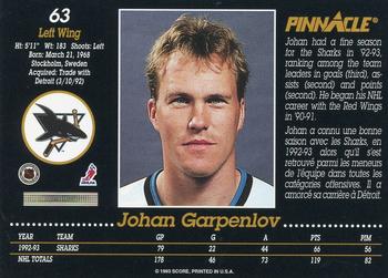 1993-94 Pinnacle Canadian #63 Johan Garpenlov Back