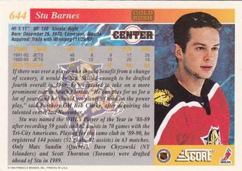 1993-94 Score - Gold Rush #644 Stu Barnes Back