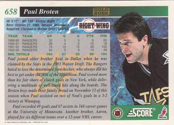 1993-94 Score - Gold Rush #658 Paul Broten Back