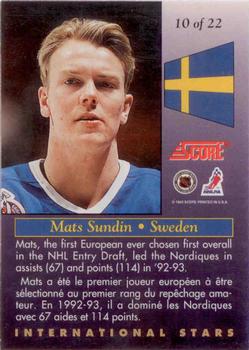1993-94 Score Canadian - International Stars #10 Mats Sundin Back