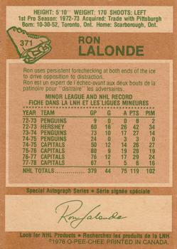 1978-79 O-Pee-Chee #371 Ron Lalonde Back
