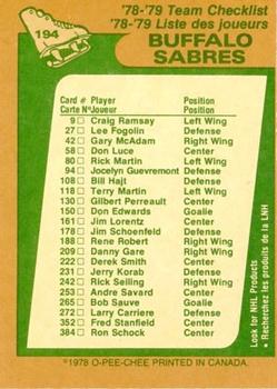 1978-79 O-Pee-Chee #194 Buffalo Sabres Back