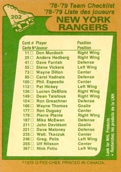 1978-79 O-Pee-Chee #202 New York Rangers Back