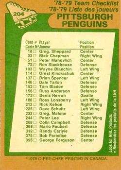 1978-79 O-Pee-Chee #204 Pittsburgh Penguins Back