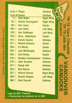 1978-79 O-Pee-Chee #207 Vancouver Canucks Back